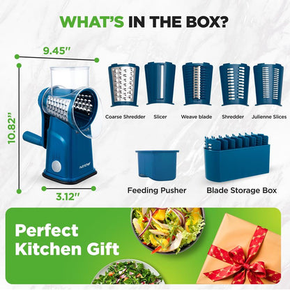 Rotary Cheese Grater With Handle And 5 Replaceable Blades - Kitchen Mandoline Vegetable Slicer And Cheese Shredder (Blue)