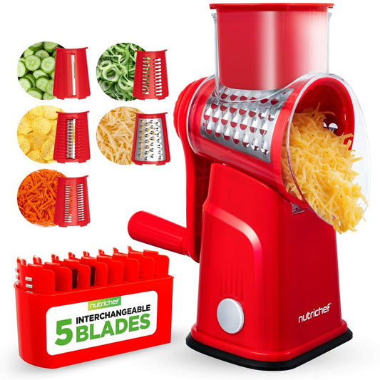 Rotary Cheese Grater With Handle And 5 Replaceable Blades - Kitchen Mandoline Vegetable Slicer And Cheese Shredder (Red)