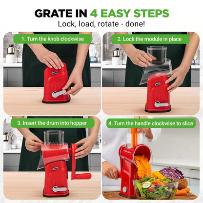 Rotary Cheese Grater With Handle And 5 Replaceable Blades - Kitchen Mandoline Vegetable Slicer And Cheese Shredder (Red)