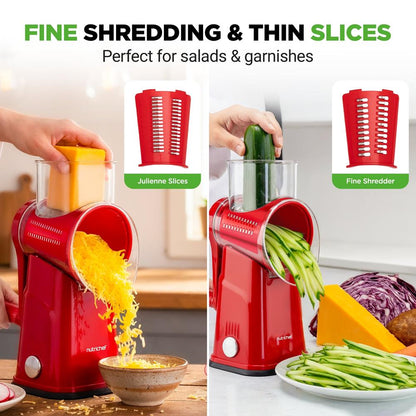 Rotary Cheese Grater With Handle And 5 Replaceable Blades - Kitchen Mandoline Vegetable Slicer And Cheese Shredder (Red)