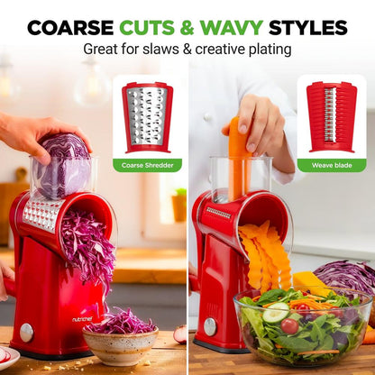 Rotary Cheese Grater With Handle And 5 Replaceable Blades - Kitchen Mandoline Vegetable Slicer And Cheese Shredder (Red)