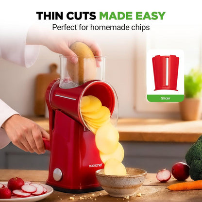 Rotary Cheese Grater With Handle And 5 Replaceable Blades - Kitchen Mandoline Vegetable Slicer And Cheese Shredder (Red)