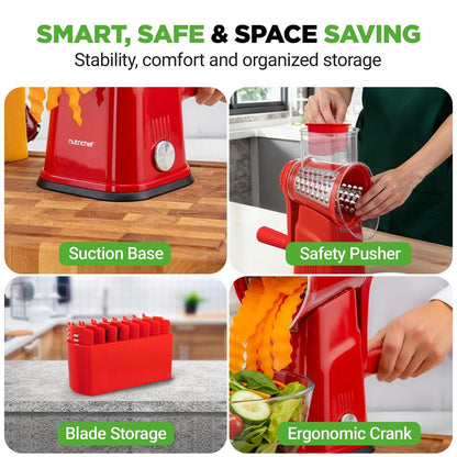 Rotary Cheese Grater With Handle And 5 Replaceable Blades - Kitchen Mandoline Vegetable Slicer And Cheese Shredder (Red)