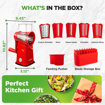 Rotary Cheese Grater With Handle And 5 Replaceable Blades - Kitchen Mandoline Vegetable Slicer And Cheese Shredder (Red)