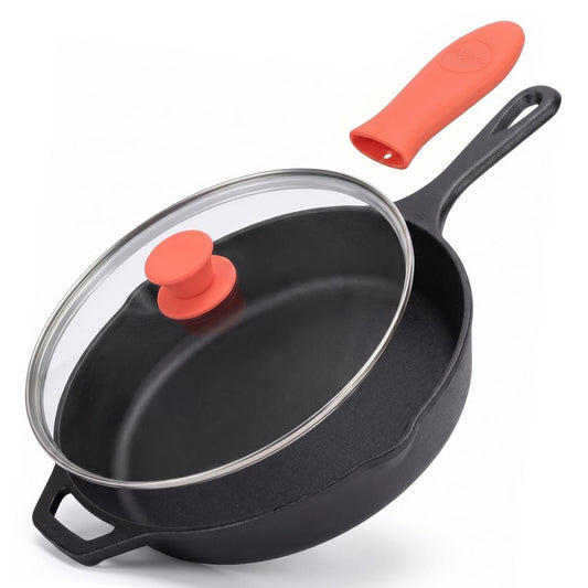 10 Cast Iron Skillet with Lid - Non-Stick Oven Safe Orange Handle