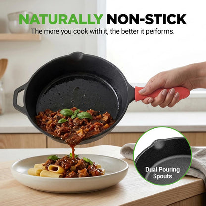 10 Cast Iron Skillet with Lid - Non-Stick Oven Safe Orange Handle