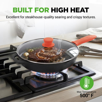10 Cast Iron Skillet with Lid - Non-Stick Oven Safe Orange Handle