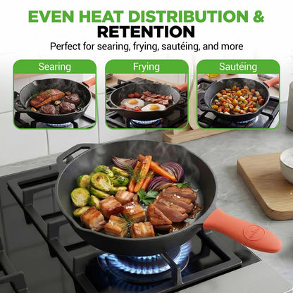 10 Cast Iron Skillet with Lid - Non-Stick Oven Safe Orange Handle