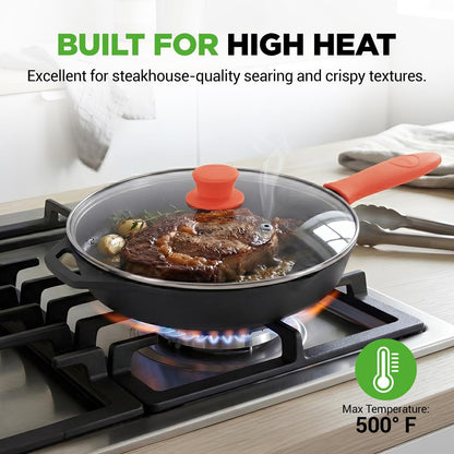 12 Cast Iron Skillet - Nonstick Oven Safe Orange Silicone Handle