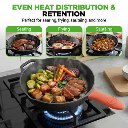 12 Cast Iron Skillet - Nonstick Oven Safe Orange Silicone Handle