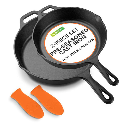 Cast Iron Skillet Set Nonstick Pre-Seasoned Silicone Handles Orange