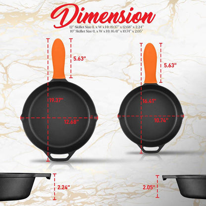 Cast Iron Skillet Set Nonstick Pre-Seasoned Silicone Handles Orange