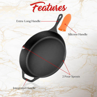 Cast Iron Skillet Set Nonstick Pre-Seasoned Silicone Handles Orange
