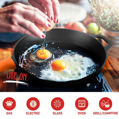 Cast Iron Skillet Set Nonstick Pre-Seasoned Silicone Handles Orange