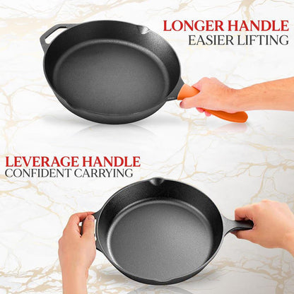 Cast Iron Skillet Set Nonstick Pre-Seasoned Silicone Handles Orange