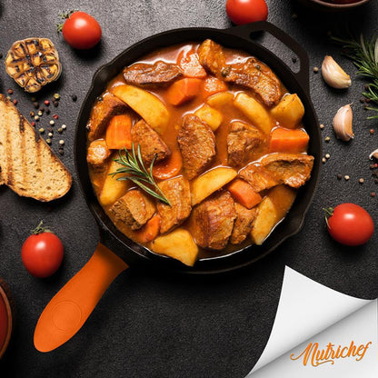 Cast Iron Skillet Set Nonstick Pre-Seasoned Silicone Handles Orange
