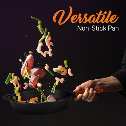 Cast Iron Skillet Set Nonstick Pre-Seasoned Silicone Handles Orange