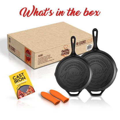 Cast Iron Skillet Set Nonstick Pre-Seasoned Silicone Handles Orange