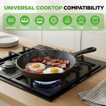 Pre-Seasoned Cast Iron Skillet Set 3pc Nonstick Even-Heat Drip Spout