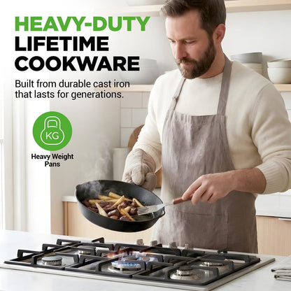Pre-Seasoned Cast Iron Skillet Set 3pc Nonstick Even-Heat Drip Spout