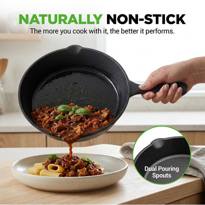 Pre-Seasoned Cast Iron Skillet Set 3pc Nonstick Even-Heat Drip Spout