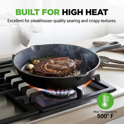 Pre-Seasoned Cast Iron Skillet Set 3pc Nonstick Even-Heat Drip Spout