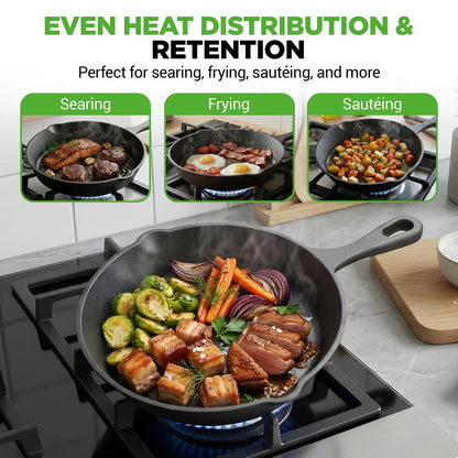Pre-Seasoned Cast Iron Skillet Set 3pc Nonstick Even-Heat Drip Spout