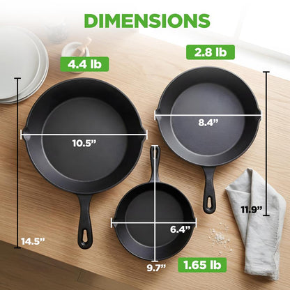 Pre-Seasoned Cast Iron Skillet Set 3pc Nonstick Even-Heat Drip Spout
