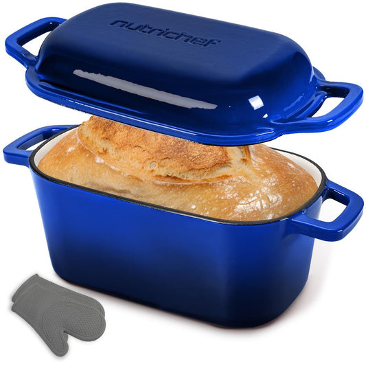 Nutrichef 3.6Qt Enamel-Coated Cast Iron Dutch Oven With Lid Silicone Gloves Perfect For Baking Braising Roasting And Stewing (Blue)