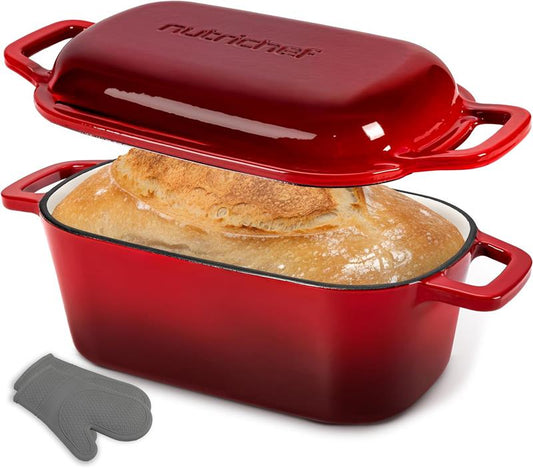 Nutrichef 3.6Qt Enamel-Coated Cast Iron Dutch Oven With Lid And Silicone Gloves Perfect For Baking Braising Roasting Stewing Slow Cooking And Frying (Red)