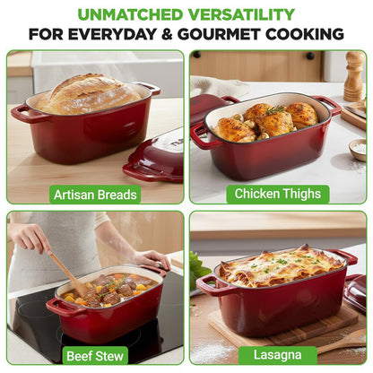 Nutrichef 3.6Qt Enamel-Coated Cast Iron Dutch Oven With Lid And Silicone Gloves Perfect For Baking Braising Roasting Stewing Slow Cooking And Frying (Red)