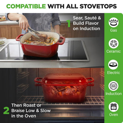Nutrichef 3.6Qt Enamel-Coated Cast Iron Dutch Oven With Lid And Silicone Gloves Perfect For Baking Braising Roasting Stewing Slow Cooking And Frying (Red)