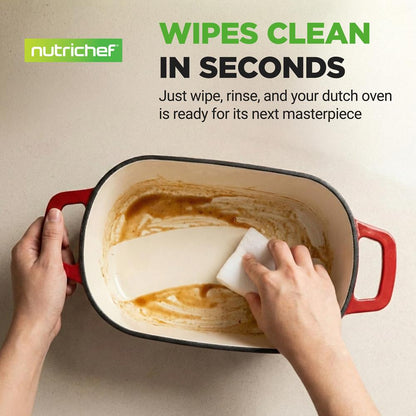 Nutrichef 3.6Qt Enamel-Coated Cast Iron Dutch Oven With Lid And Silicone Gloves Perfect For Baking Braising Roasting Stewing Slow Cooking And Frying (Red)