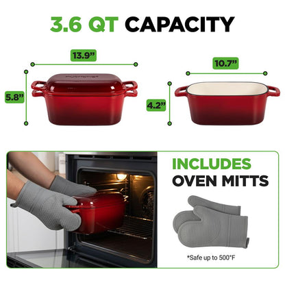 Nutrichef 3.6Qt Enamel-Coated Cast Iron Dutch Oven With Lid And Silicone Gloves Perfect For Baking Braising Roasting Stewing Slow Cooking And Frying (Red)
