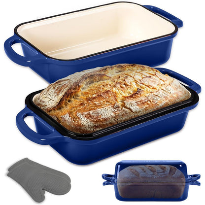 Nutrichef 9” X 5” Enamel-Coated Cast Iron Loaf Pan With Lid And Silicone Gloves Perfect For Baking Stewing And Roasting (Blue)