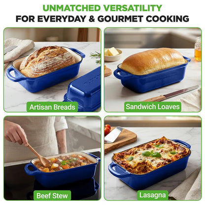 Nutrichef 9” X 5” Enamel-Coated Cast Iron Loaf Pan With Lid And Silicone Gloves Perfect For Baking Stewing And Roasting (Blue)