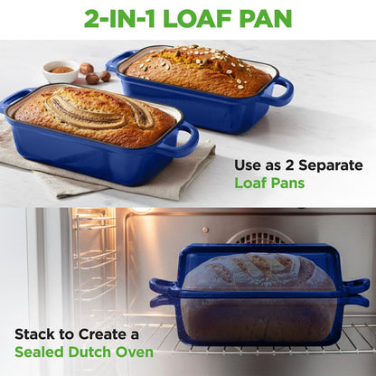 Nutrichef 9” X 5” Enamel-Coated Cast Iron Loaf Pan With Lid And Silicone Gloves Perfect For Baking Stewing And Roasting (Blue)
