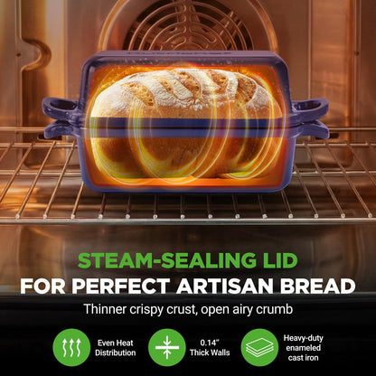Nutrichef 9” X 5” Enamel-Coated Cast Iron Loaf Pan With Lid And Silicone Gloves Perfect For Baking Stewing And Roasting (Blue)