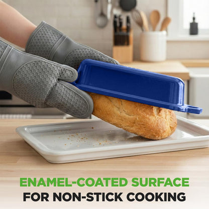Nutrichef 9” X 5” Enamel-Coated Cast Iron Loaf Pan With Lid And Silicone Gloves Perfect For Baking Stewing And Roasting (Blue)