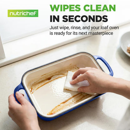 Nutrichef 9” X 5” Enamel-Coated Cast Iron Loaf Pan With Lid And Silicone Gloves Perfect For Baking Stewing And Roasting (Blue)