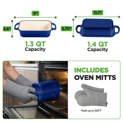 Nutrichef 9” X 5” Enamel-Coated Cast Iron Loaf Pan With Lid And Silicone Gloves Perfect For Baking Stewing And Roasting (Blue)