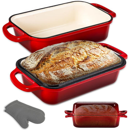 Nutrichef 9” X 5” Enamel-Coated Cast Iron Bread Loaf Pan With Lid Handles And Silicone Gloves Perfect For Baking Bread And Sourdough Making (Red)
