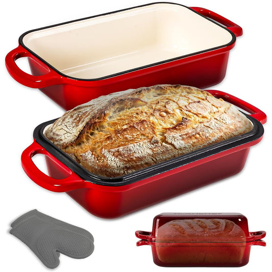 Nutrichef 9” X 5” Enamel-Coated Cast Iron Bread Loaf Pan With Lid Handles And Silicone Gloves Perfect For Baking Bread And Sourdough Making (Red)