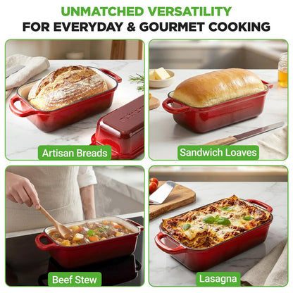Nutrichef 9” X 5” Enamel-Coated Cast Iron Bread Loaf Pan With Lid Handles And Silicone Gloves Perfect For Baking Bread And Sourdough Making (Red)