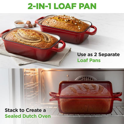 Nutrichef 9” X 5” Enamel-Coated Cast Iron Bread Loaf Pan With Lid Handles And Silicone Gloves Perfect For Baking Bread And Sourdough Making (Red)