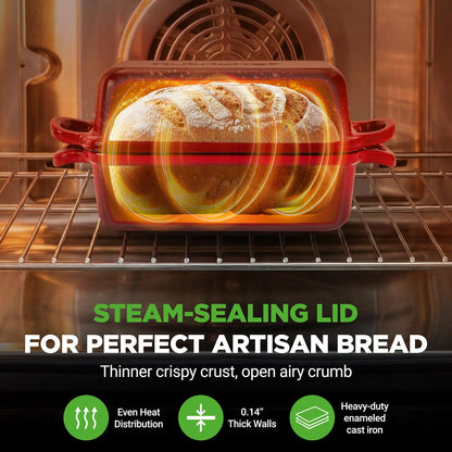Nutrichef 9” X 5” Enamel-Coated Cast Iron Bread Loaf Pan With Lid Handles And Silicone Gloves Perfect For Baking Bread And Sourdough Making (Red)