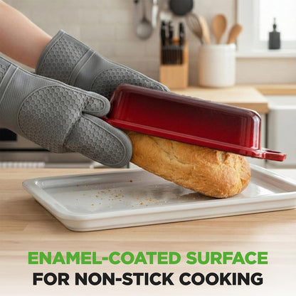 Nutrichef 9” X 5” Enamel-Coated Cast Iron Bread Loaf Pan With Lid Handles And Silicone Gloves Perfect For Baking Bread And Sourdough Making (Red)