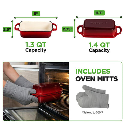 Nutrichef 9” X 5” Enamel-Coated Cast Iron Bread Loaf Pan With Lid Handles And Silicone Gloves Perfect For Baking Bread And Sourdough Making (Red)