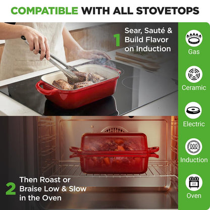 Nutrichef 9” X 5” Enamel-Coated Cast Iron Bread Loaf Pan With Lid Handles And Silicone Gloves Perfect For Baking Bread And Sourdough Making (Red)