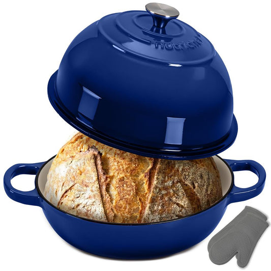 Nutrichef 10.2” Enamel-Coated Cast Iron Dome-Shaped Bread Pan With Lid Silicone Gloves Perfect For Baking Braising Roasting And Stewing (Blue)